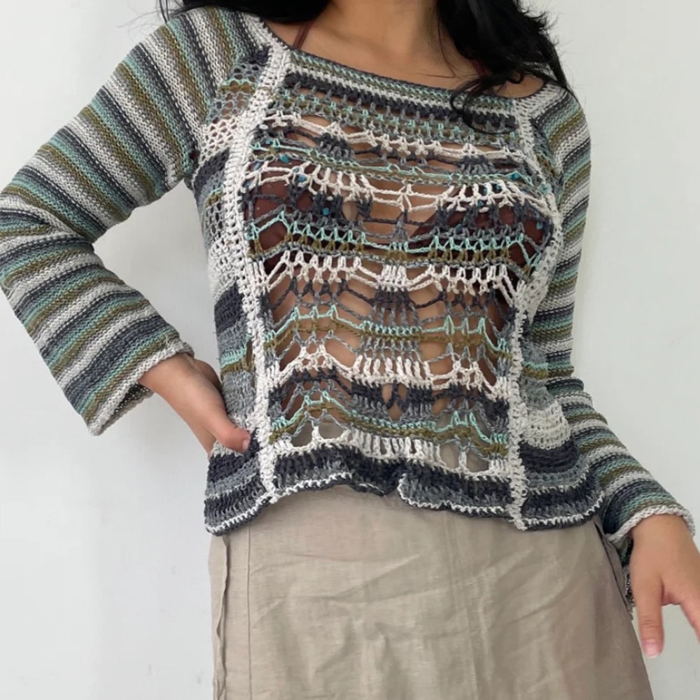 0159. RARE Free People Lost in the Forest Crochet Bell Sleeve Openwork Sweater
